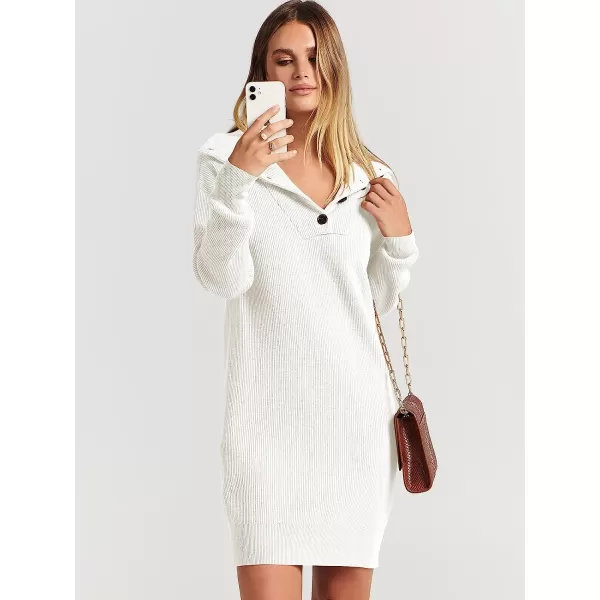imageANRABESS 2022 Fall Winter Womens Long Sleeve Collared V Neck Sweater Dress Button Lapel Casual Mini Pullover DressesWhite