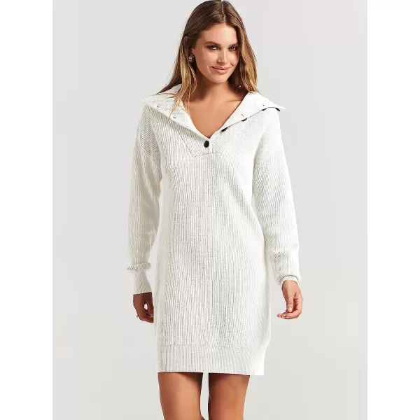 imageANRABESS 2022 Fall Winter Womens Long Sleeve Collared V Neck Sweater Dress Button Lapel Casual Mini Pullover DressesWhite