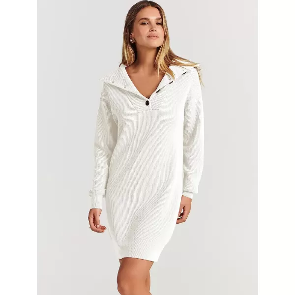 imageANRABESS 2022 Fall Winter Womens Long Sleeve Collared V Neck Sweater Dress Button Lapel Casual Mini Pullover DressesWhite