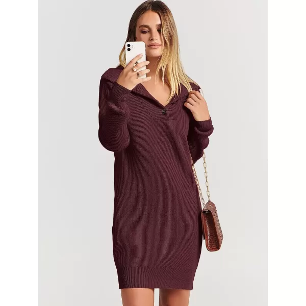 imageANRABESS 2022 Fall Winter Womens Long Sleeve Collared V Neck Sweater Dress Button Lapel Casual Mini Pullover DressesWine Red