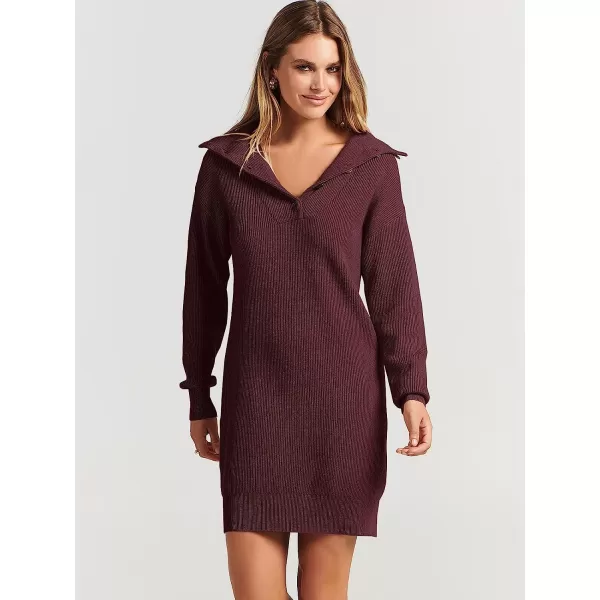 imageANRABESS 2022 Fall Winter Womens Long Sleeve Collared V Neck Sweater Dress Button Lapel Casual Mini Pullover DressesWine Red