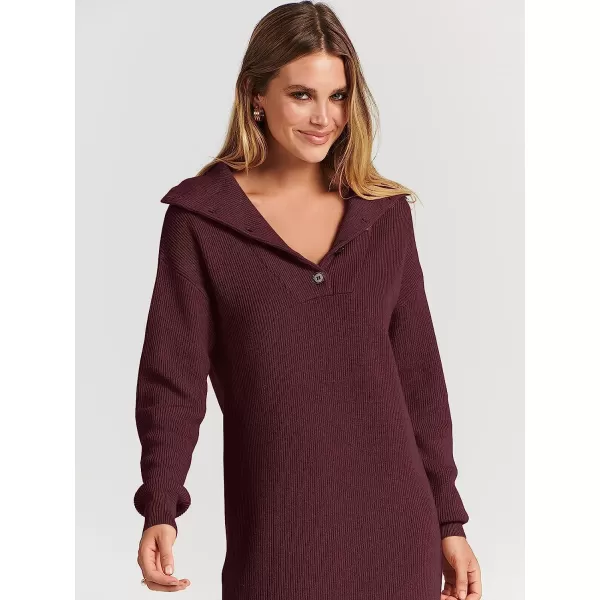imageANRABESS 2022 Fall Winter Womens Long Sleeve Collared V Neck Sweater Dress Button Lapel Casual Mini Pullover DressesWine Red
