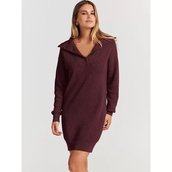 imageANRABESS 2022 Fall Winter Womens Long Sleeve Collared V Neck Sweater Dress Button Lapel Casual Mini Pullover DressesWine Red