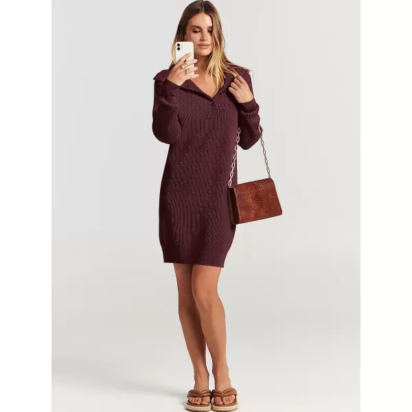 imageANRABESS 2022 Fall Winter Womens Long Sleeve Collared V Neck Sweater Dress Button Lapel Casual Mini Pullover DressesWine Red