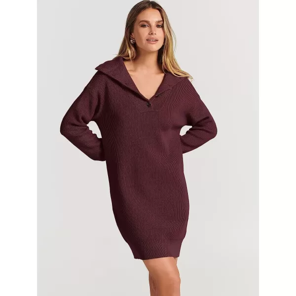 imageANRABESS 2022 Fall Winter Womens Long Sleeve Collared V Neck Sweater Dress Button Lapel Casual Mini Pullover DressesWine Red