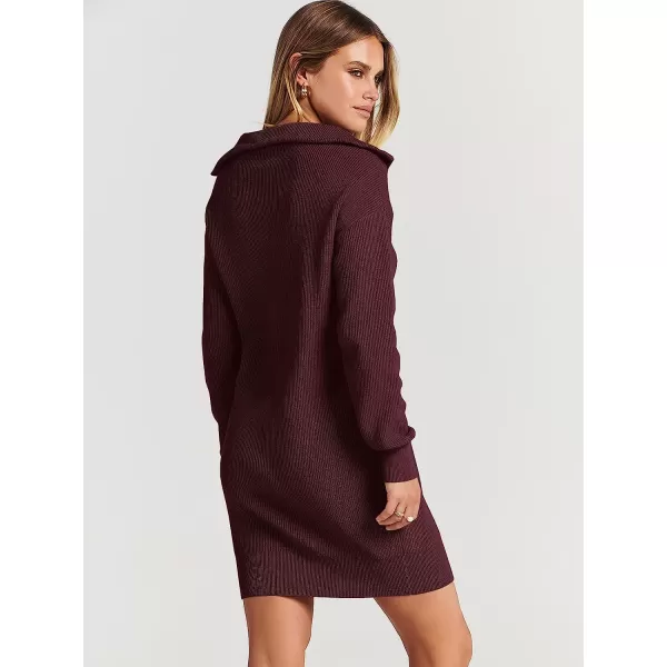 imageANRABESS 2022 Fall Winter Womens Long Sleeve Collared V Neck Sweater Dress Button Lapel Casual Mini Pullover DressesWine Red