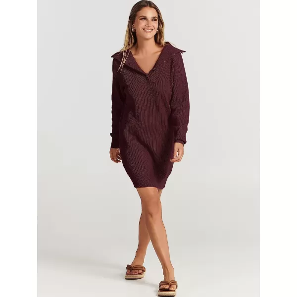 imageANRABESS 2022 Fall Winter Womens Long Sleeve Collared V Neck Sweater Dress Button Lapel Casual Mini Pullover DressesWine Red