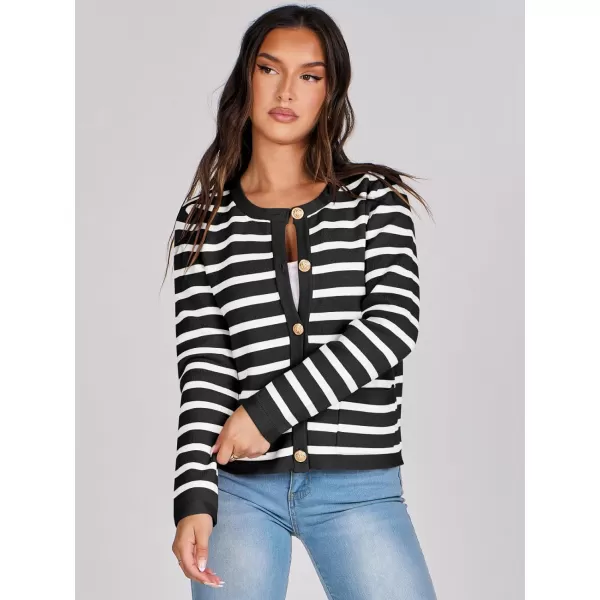 imageANRABESS Cardigan Sweaters for Women 2023 Fall Long Sleeve Cropped Striped Knitted Jackets with PocketsBlack White Stripe