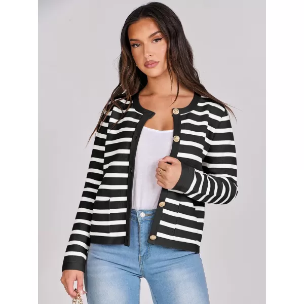 imageANRABESS Cardigan Sweaters for Women 2023 Fall Long Sleeve Cropped Striped Knitted Jackets with PocketsBlack White Stripe