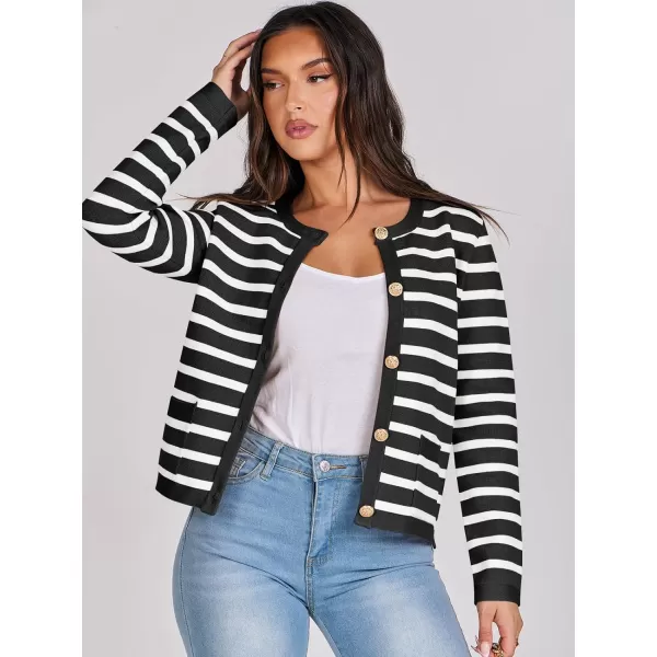 imageANRABESS Cardigan Sweaters for Women 2023 Fall Long Sleeve Cropped Striped Knitted Jackets with PocketsBlack White Stripe