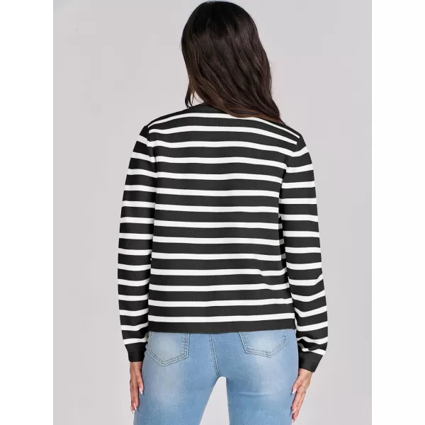 imageANRABESS Cardigan Sweaters for Women 2023 Fall Long Sleeve Cropped Striped Knitted Jackets with PocketsBlack White Stripe