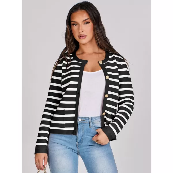 imageANRABESS Cardigan Sweaters for Women 2023 Fall Long Sleeve Cropped Striped Knitted Jackets with PocketsBlack White Stripe