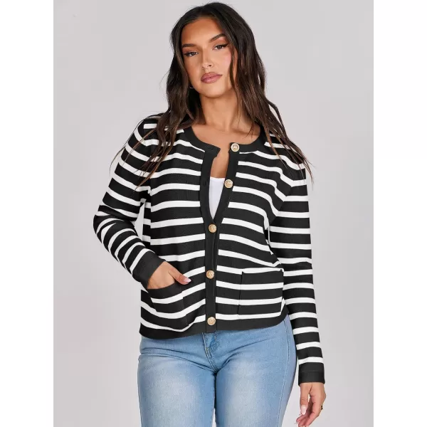 imageANRABESS Cardigan Sweaters for Women 2023 Fall Long Sleeve Cropped Striped Knitted Jackets with PocketsBlack White Stripe