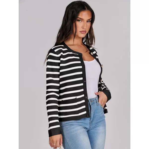 imageANRABESS Cardigan Sweaters for Women 2023 Fall Long Sleeve Cropped Striped Knitted Jackets with PocketsBlack White Stripe
