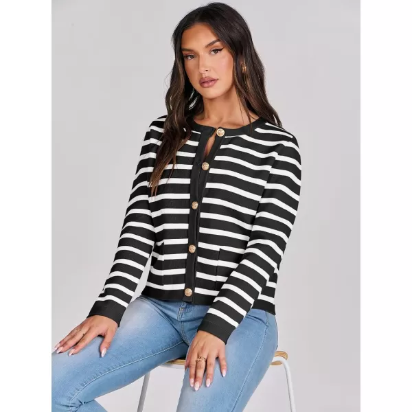 imageANRABESS Cardigan Sweaters for Women 2023 Fall Long Sleeve Cropped Striped Knitted Jackets with PocketsBlack White Stripe