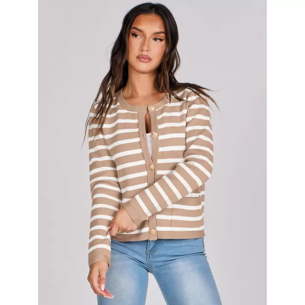 imageANRABESS Cardigan Sweaters for Women 2023 Fall Long Sleeve Cropped Striped Knitted Jackets with PocketsKhaki White Stripe