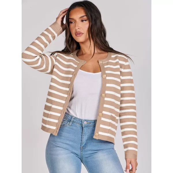 imageANRABESS Cardigan Sweaters for Women 2023 Fall Long Sleeve Cropped Striped Knitted Jackets with PocketsKhaki White Stripe