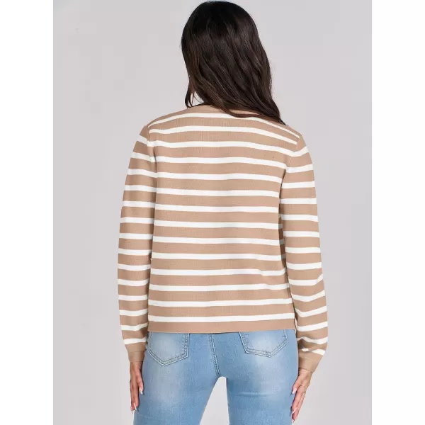 imageANRABESS Cardigan Sweaters for Women 2023 Fall Long Sleeve Cropped Striped Knitted Jackets with PocketsKhaki White Stripe