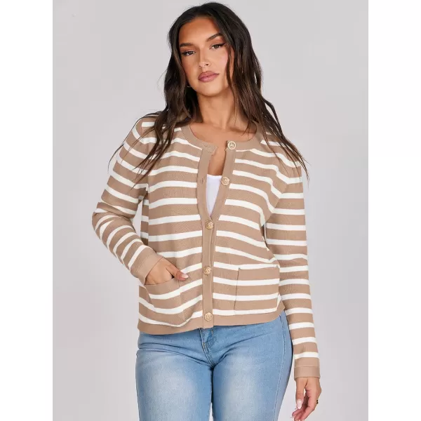 imageANRABESS Cardigan Sweaters for Women 2023 Fall Long Sleeve Cropped Striped Knitted Jackets with PocketsKhaki White Stripe