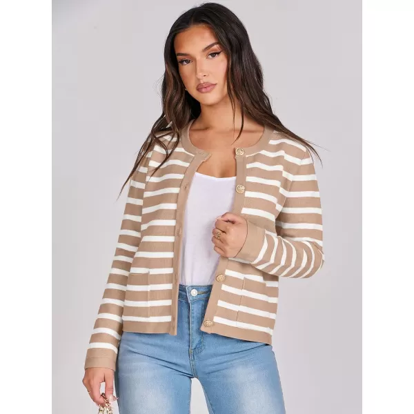 imageANRABESS Cardigan Sweaters for Women 2023 Fall Long Sleeve Cropped Striped Knitted Jackets with PocketsKhaki White Stripe