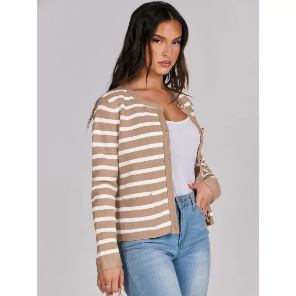 imageANRABESS Cardigan Sweaters for Women 2023 Fall Long Sleeve Cropped Striped Knitted Jackets with PocketsKhaki White Stripe
