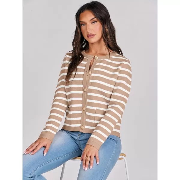 imageANRABESS Cardigan Sweaters for Women 2023 Fall Long Sleeve Cropped Striped Knitted Jackets with PocketsKhaki White Stripe