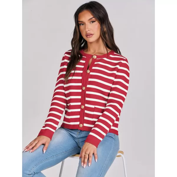 imageANRABESS Cardigan Sweaters for Women 2023 Fall Long Sleeve Cropped Striped Knitted Jackets with PocketsRed White Stripe