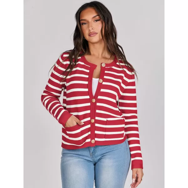 imageANRABESS Cardigan Sweaters for Women 2023 Fall Long Sleeve Cropped Striped Knitted Jackets with PocketsRed White Stripe