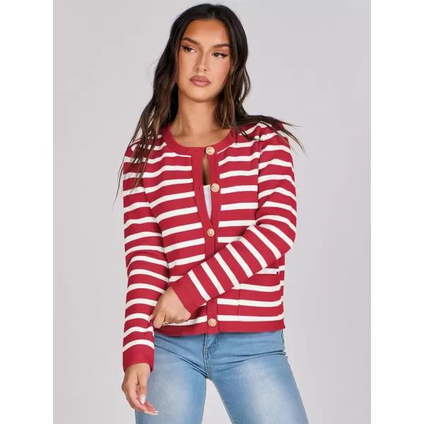 imageANRABESS Cardigan Sweaters for Women 2023 Fall Long Sleeve Cropped Striped Knitted Jackets with PocketsRed White Stripe