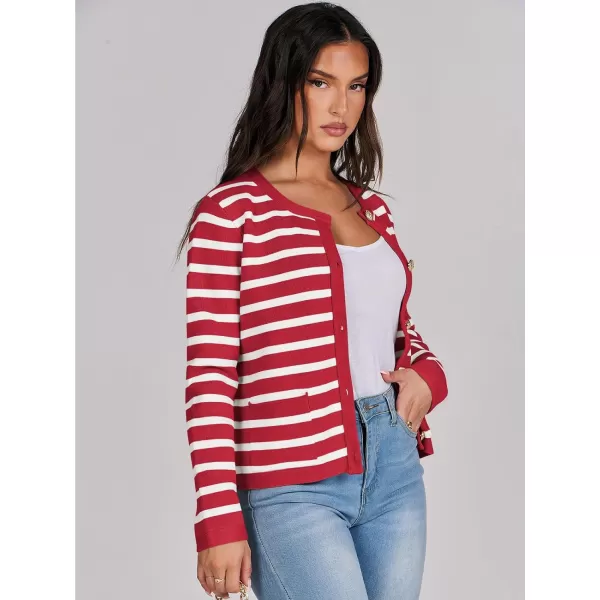 imageANRABESS Cardigan Sweaters for Women 2023 Fall Long Sleeve Cropped Striped Knitted Jackets with PocketsRed White Stripe