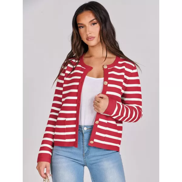 imageANRABESS Cardigan Sweaters for Women 2023 Fall Long Sleeve Cropped Striped Knitted Jackets with PocketsRed White Stripe