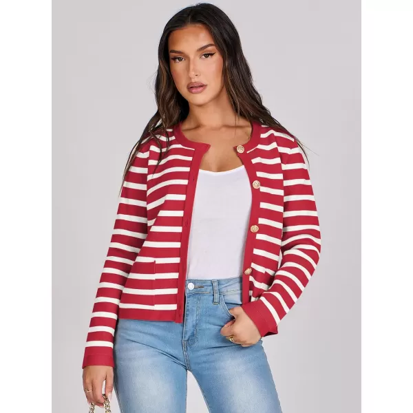 imageANRABESS Cardigan Sweaters for Women 2023 Fall Long Sleeve Cropped Striped Knitted Jackets with PocketsRed White Stripe