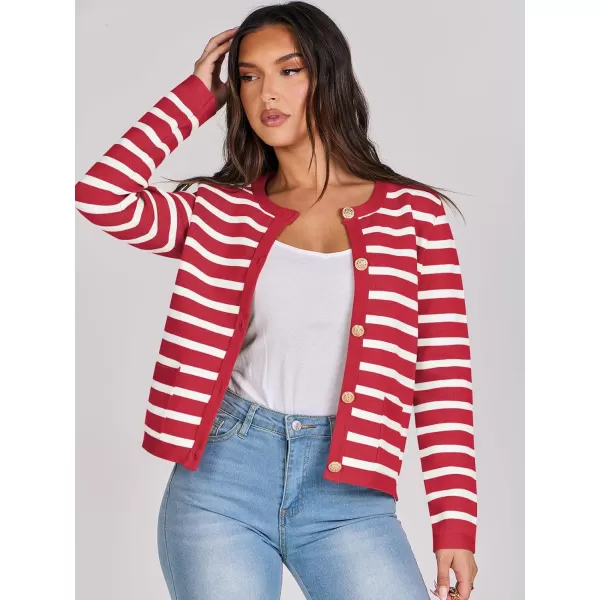 imageANRABESS Cardigan Sweaters for Women 2023 Fall Long Sleeve Cropped Striped Knitted Jackets with PocketsRed White Stripe