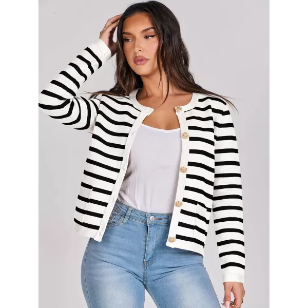 imageANRABESS Cardigan Sweaters for Women 2023 Fall Long Sleeve Cropped Striped Knitted Jackets with PocketsWhite Black Stripe