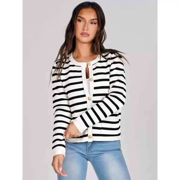 imageANRABESS Cardigan Sweaters for Women 2023 Fall Long Sleeve Cropped Striped Knitted Jackets with PocketsWhite Black Stripe