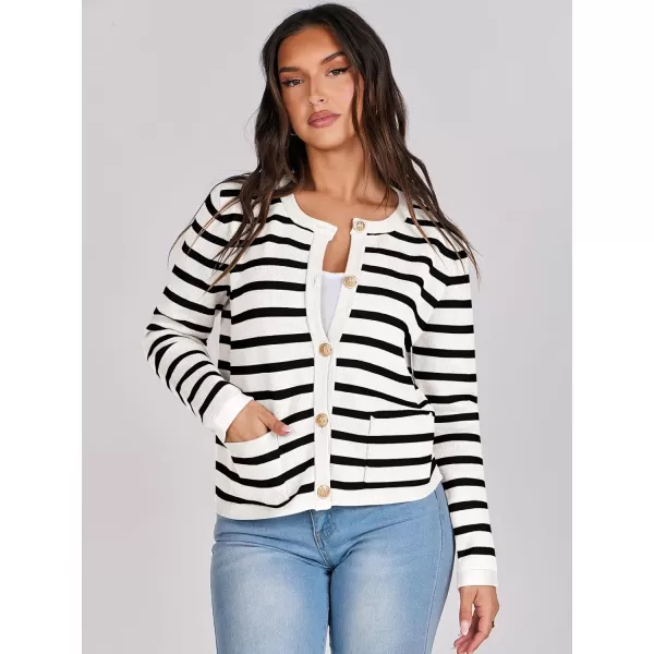 imageANRABESS Cardigan Sweaters for Women 2023 Fall Long Sleeve Cropped Striped Knitted Jackets with PocketsWhite Black Stripe