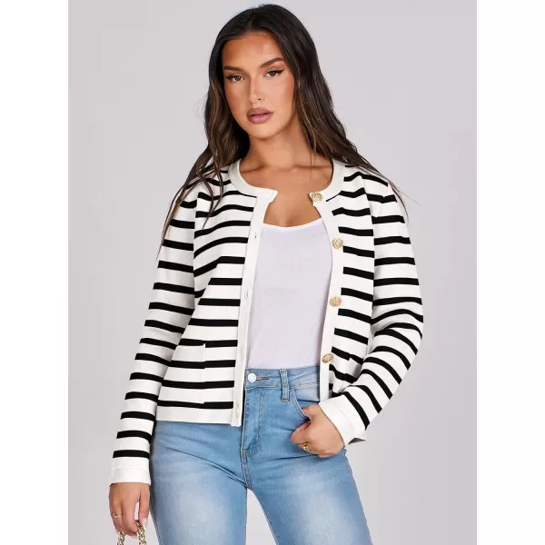 imageANRABESS Cardigan Sweaters for Women 2023 Fall Long Sleeve Cropped Striped Knitted Jackets with PocketsWhite Black Stripe