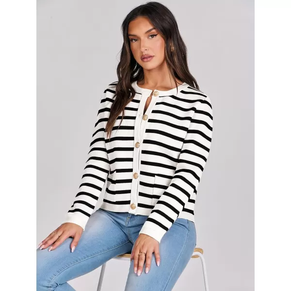 imageANRABESS Cardigan Sweaters for Women 2023 Fall Long Sleeve Cropped Striped Knitted Jackets with PocketsWhite Black Stripe