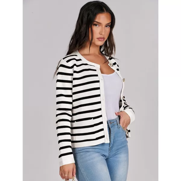 imageANRABESS Cardigan Sweaters for Women 2023 Fall Long Sleeve Cropped Striped Knitted Jackets with PocketsWhite Black Stripe