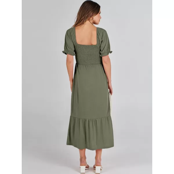 imageANRABESS Dresses for Women Summer Short Puff Sleeve Square Neck Midi Dress Flowy Tiered Beach Aline SundressArmy Green