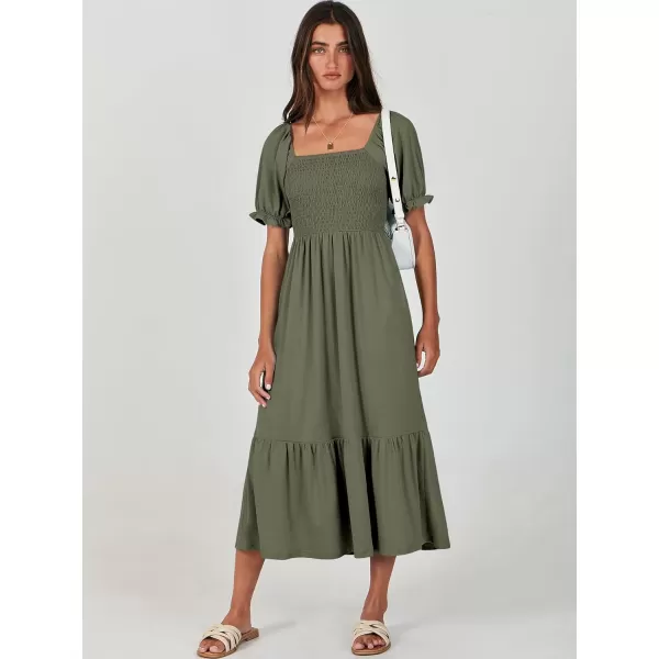 imageANRABESS Dresses for Women Summer Short Puff Sleeve Square Neck Midi Dress Flowy Tiered Beach Aline SundressArmy Green