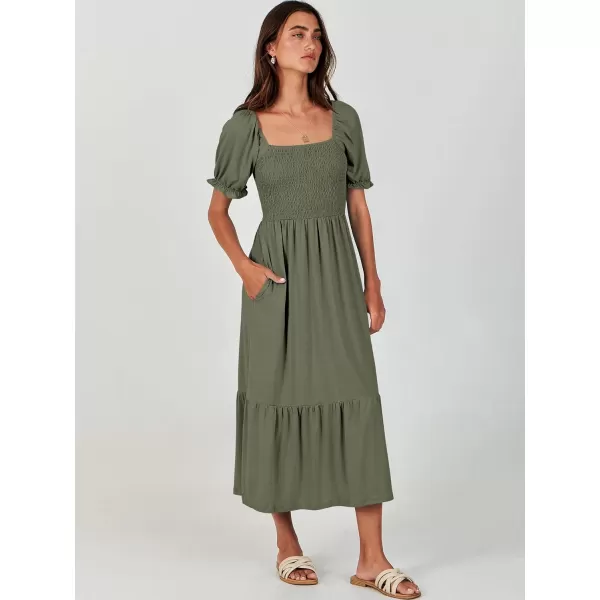imageANRABESS Dresses for Women Summer Short Puff Sleeve Square Neck Midi Dress Flowy Tiered Beach Aline SundressArmy Green
