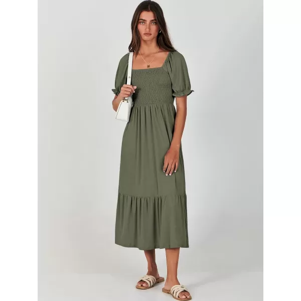 imageANRABESS Dresses for Women Summer Short Puff Sleeve Square Neck Midi Dress Flowy Tiered Beach Aline SundressArmy Green