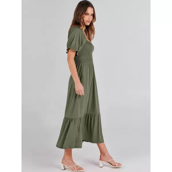 imageANRABESS Dresses for Women Summer Short Puff Sleeve Square Neck Midi Dress Flowy Tiered Beach Aline SundressArmy Green