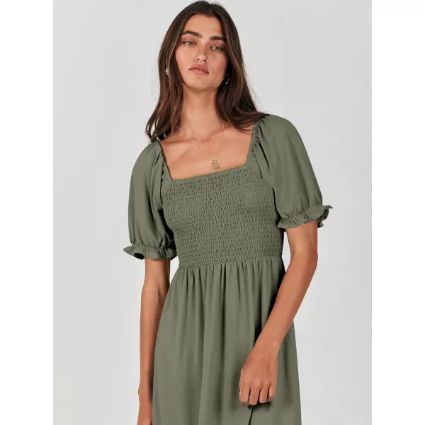 imageANRABESS Dresses for Women Summer Short Puff Sleeve Square Neck Midi Dress Flowy Tiered Beach Aline SundressArmy Green