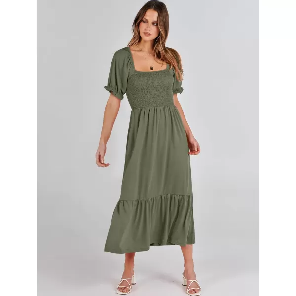 imageANRABESS Dresses for Women Summer Short Puff Sleeve Square Neck Midi Dress Flowy Tiered Beach Aline SundressArmy Green