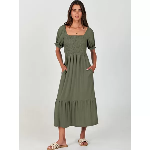 imageANRABESS Dresses for Women Summer Short Puff Sleeve Square Neck Midi Dress Flowy Tiered Beach Aline SundressArmy Green