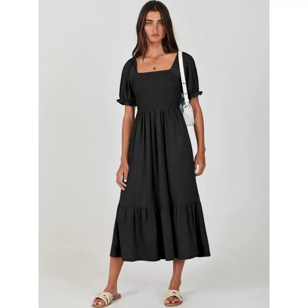 imageANRABESS Dresses for Women Summer Short Puff Sleeve Square Neck Midi Dress Flowy Tiered Beach Aline SundressBlack