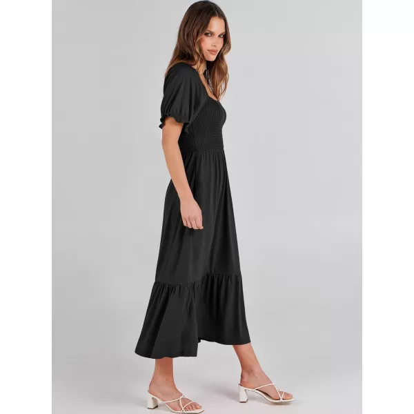 imageANRABESS Dresses for Women Summer Short Puff Sleeve Square Neck Midi Dress Flowy Tiered Beach Aline SundressBlack