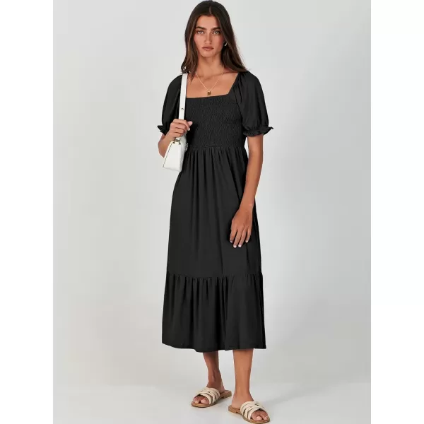 imageANRABESS Dresses for Women Summer Short Puff Sleeve Square Neck Midi Dress Flowy Tiered Beach Aline SundressBlack